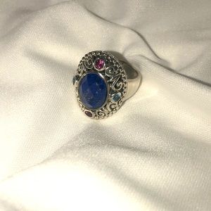 Sterling silver, lapis, and gemstone/crystal ornate cocktail ring